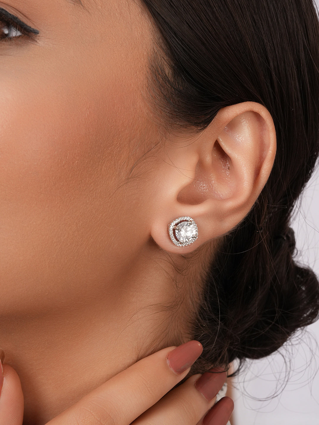 925 Sterling Silver Rhodium Plated Halo Solitaire Studds Earrings